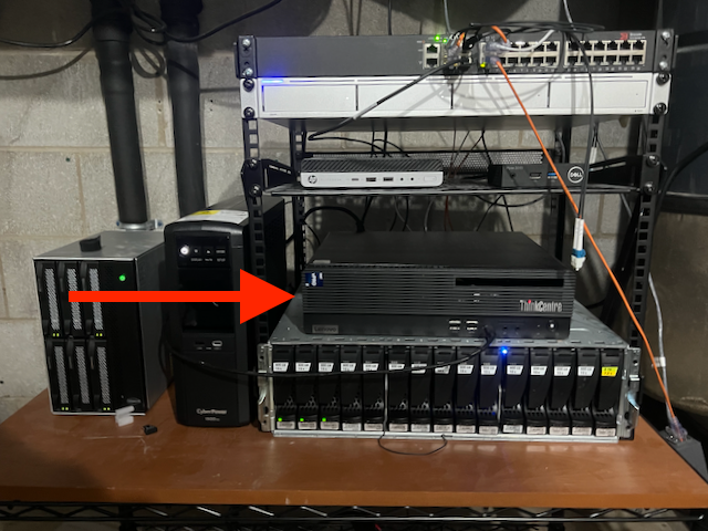 my homelab stack circa February 2024. A big arrow is pointing at nibbler, the piece of shit lenovo